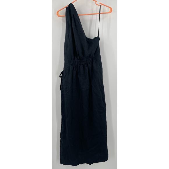 NEW ANTHROPOLOGIE Dress Size 10 NWOT One Shoulder 100% Linen Black Faux Wrap - Picture 5 of 16